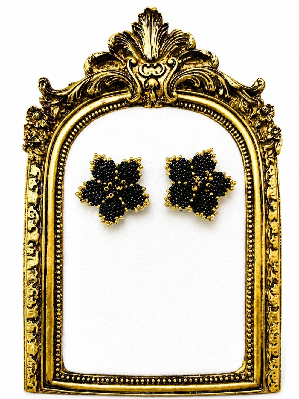 Handcrafted Black and Gold Beaded Floral Stud Earrings